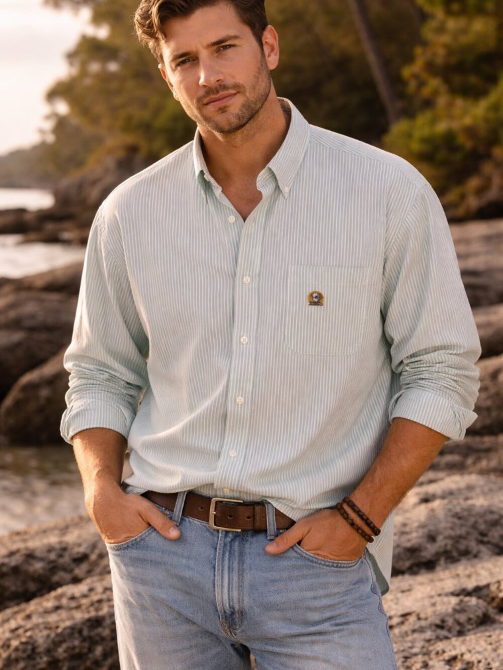 Men’s Striped Button Down Shirt | Green Coastal Oxford | Classic Rugged Style